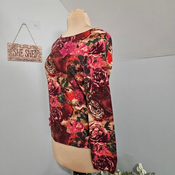 Coldwater Creek Womens Beaded Embellished Rosette Floral Top Red Pink Medium - Picture 4 of 12